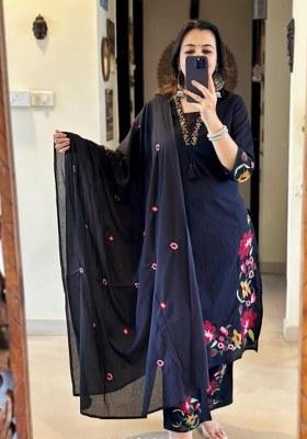 Black Embroidered Cotton Kurta Set