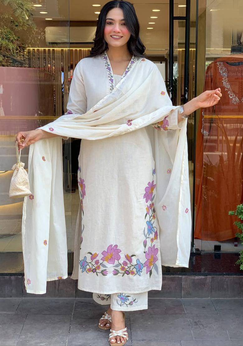 White Embroidered Cotton Flex Kurta Set - Indya