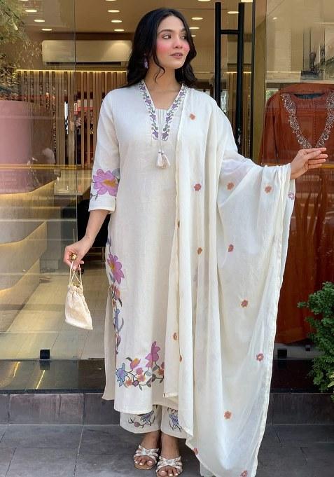 White Embroidered Cotton Flex Kurta Set