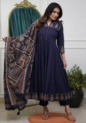Blue Embroidered Cotton Flex Kurta Set