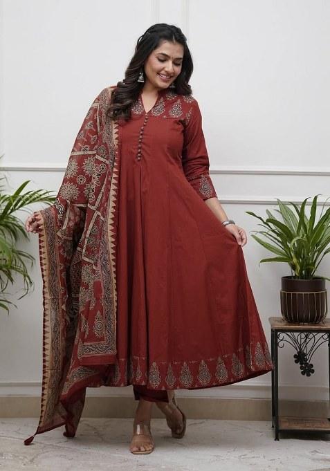 Maroon Embroidered Cotton Flex Kurta Set