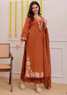 Orange Embroidered Cotton Kurta Set