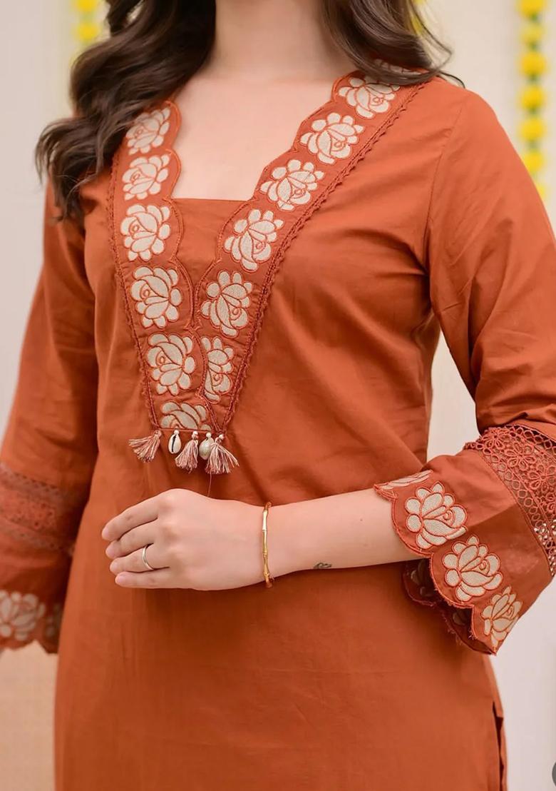 Orange Embroidered Cotton Kurta Set - Indya