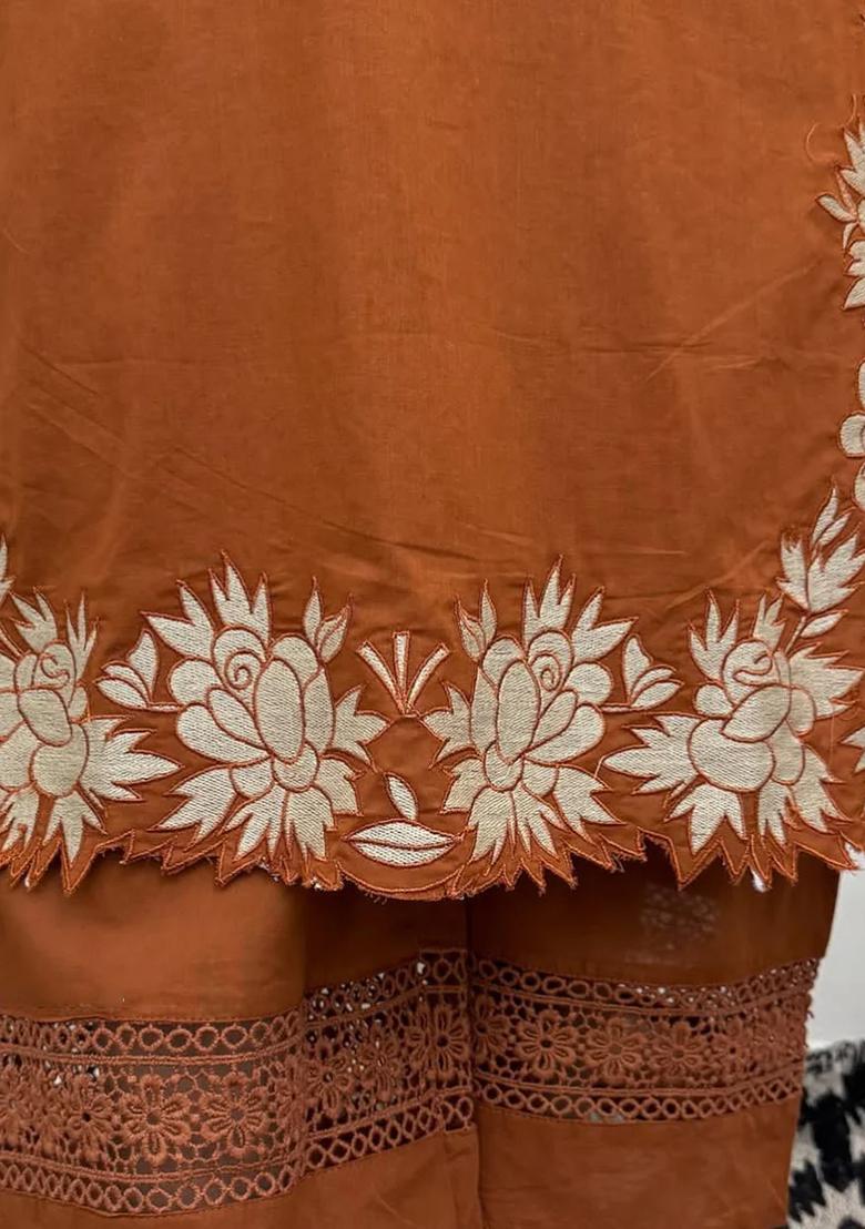 Orange Embroidered Cotton Kurta Set - Indya