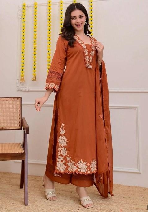 Orange Embroidered Cotton Kurta Set