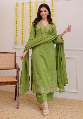 Green Embroidered Cotton Kurta Set
