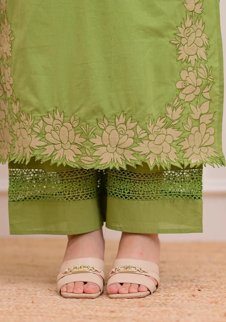 Green Embroidered Cotton Kurta Set - Indya