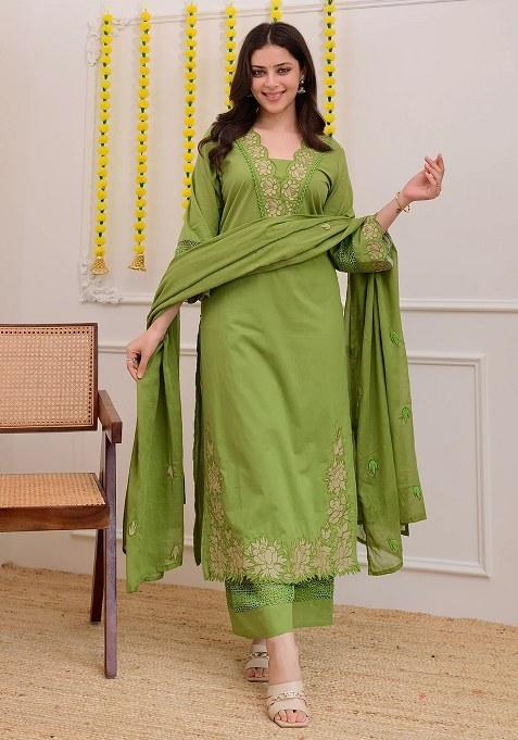 Green Embroidered Cotton Kurta Set