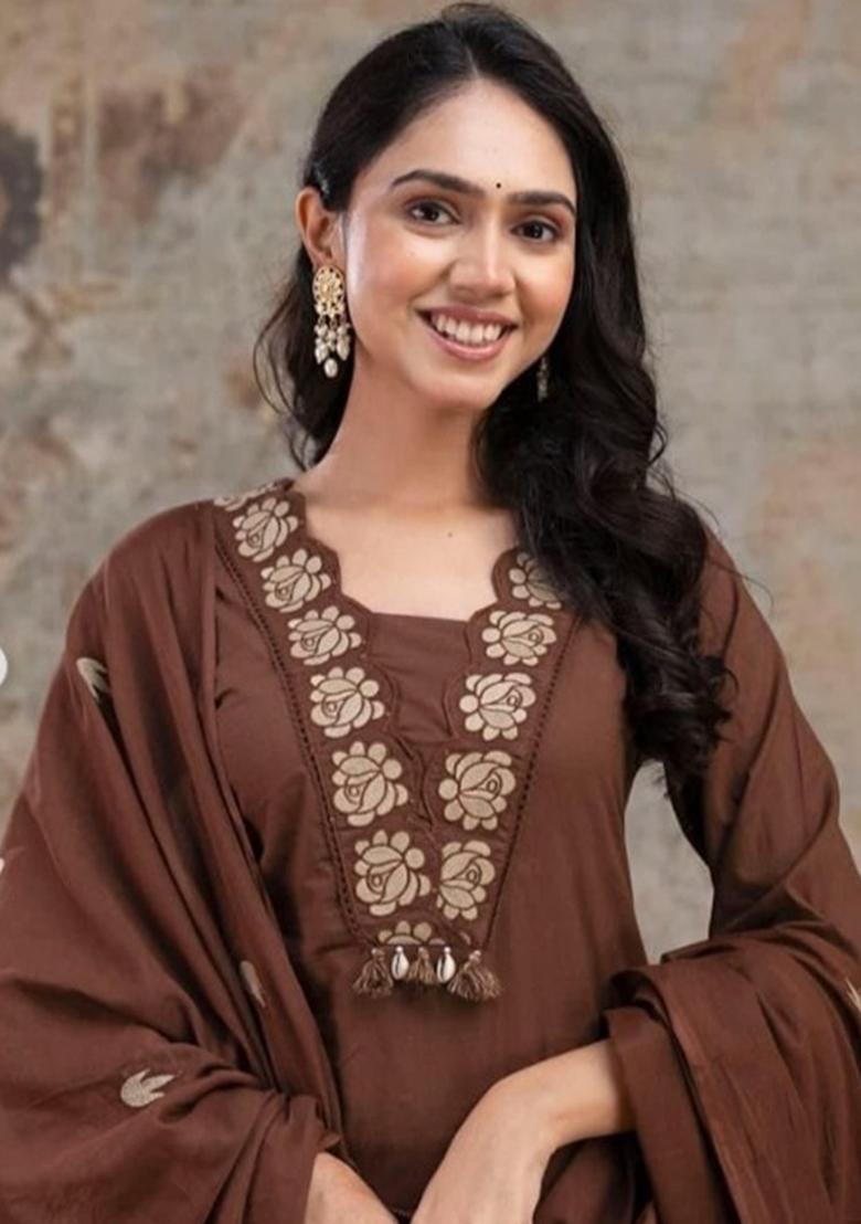 Dark Chocolate Embroidered Cotton Kurta Set - Indya