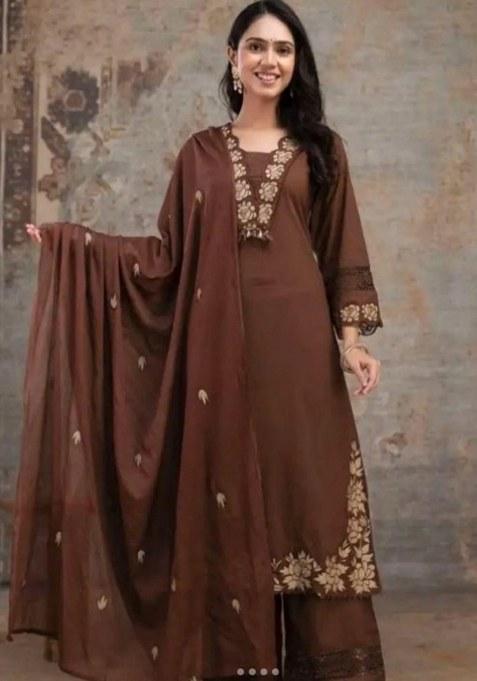 Dark Chocolate Embroidered Cotton Kurta Set