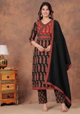Dark Multicolor Embroidered Cotton Kurta Set