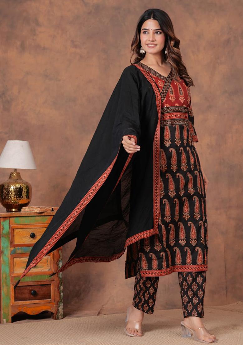 Dark Multicolor Embroidered Cotton Kurta Set - Indya