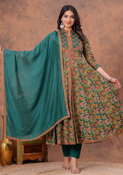 Green Embroidered Cotton Kurta Set