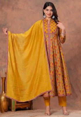 Mustard Embroidered Cotton Kurta Set