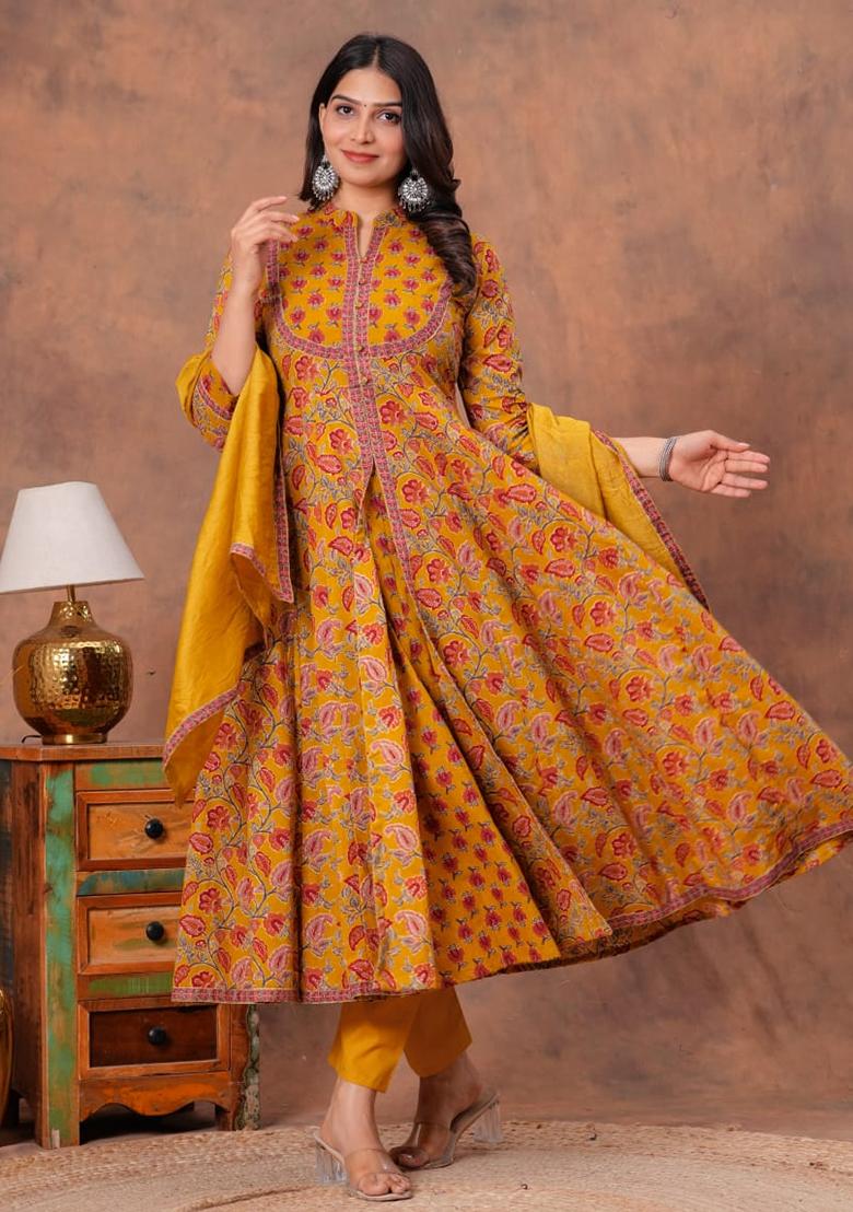 Mustard Embroidered Cotton Kurta Set - Indya