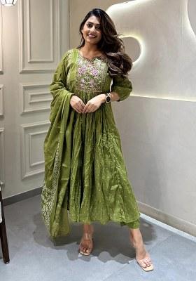 Green Embroidered Cotton Kurta Set