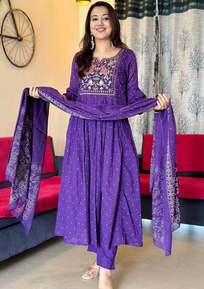 Purple Embroidered Cotton Kurta Set - Indya