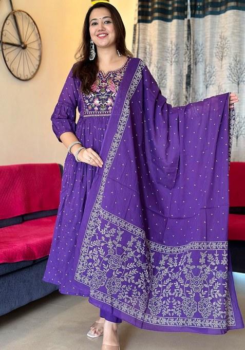 Purple Embroidered Cotton Kurta Set