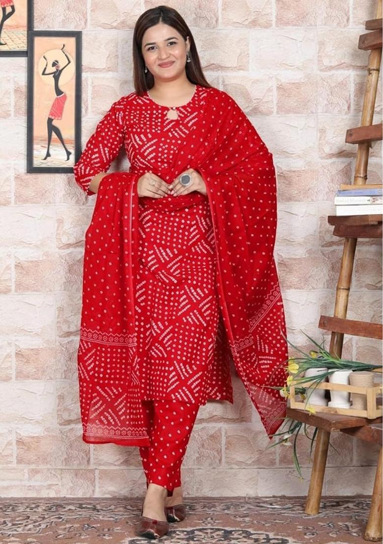Red Embroidered Cotton Kurta Set - Indya