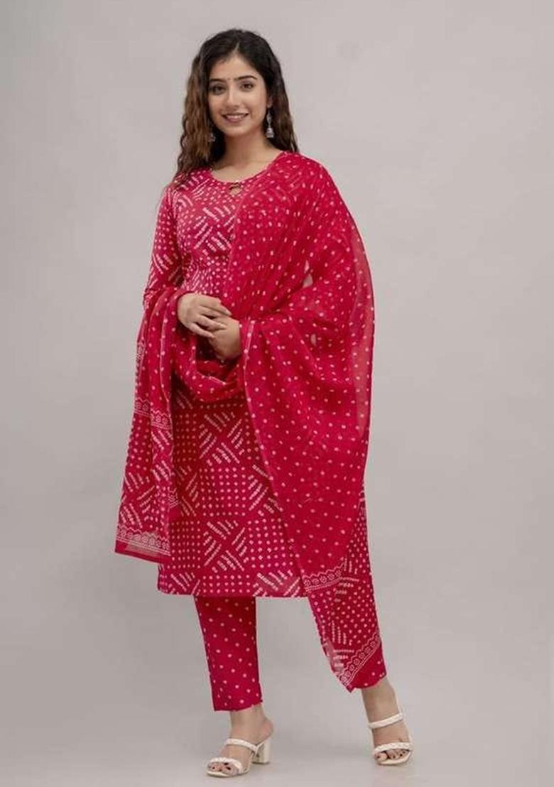 Rani Pink Embroidered Cotton Kurta Set - Indya