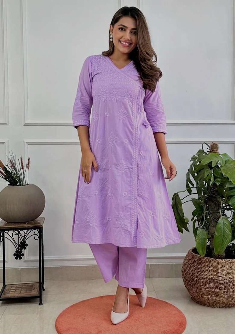 Lavender Embroidered Cotton Kurta Set - Indya
