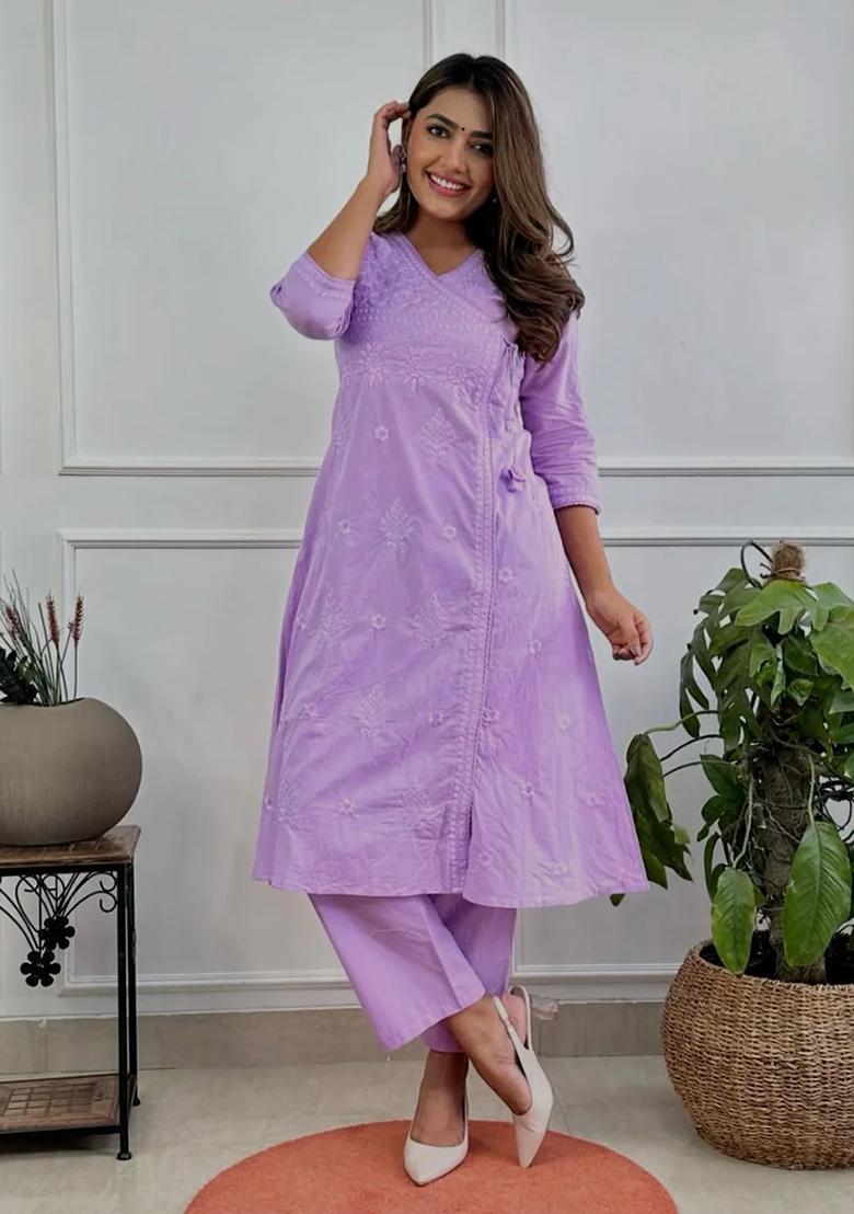 Lavender Embroidered Cotton Kurta Set - Indya