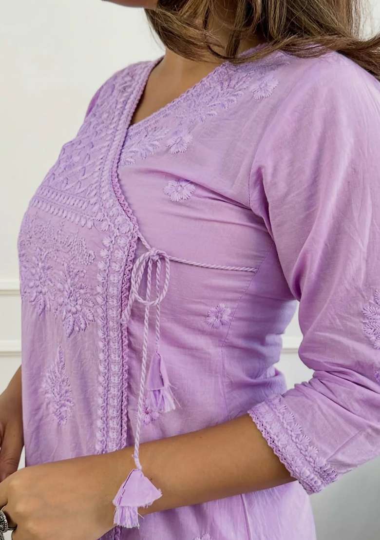 Lavender Embroidered Cotton Kurta Set - Indya