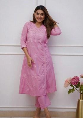 Pink Embroidered Cotton Kurta Set