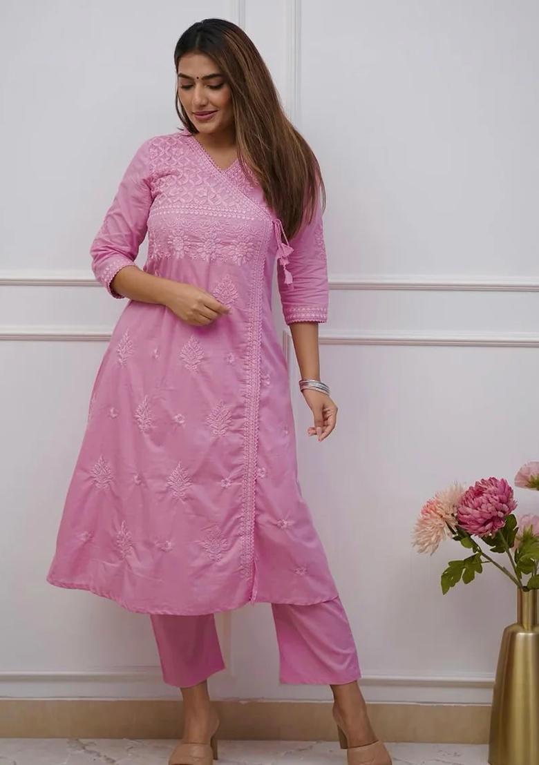 Pink Embroidered Cotton Kurta Set - Indya