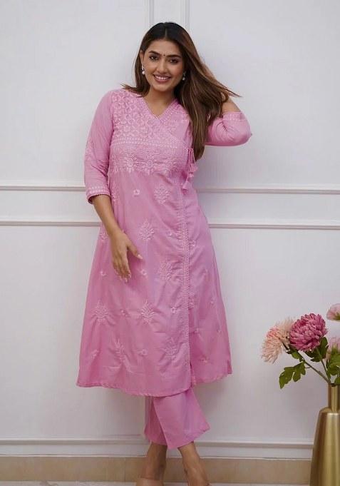Pink Embroidered Cotton Kurta Set