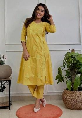 Yellow Embroidered Cotton Kurta Set