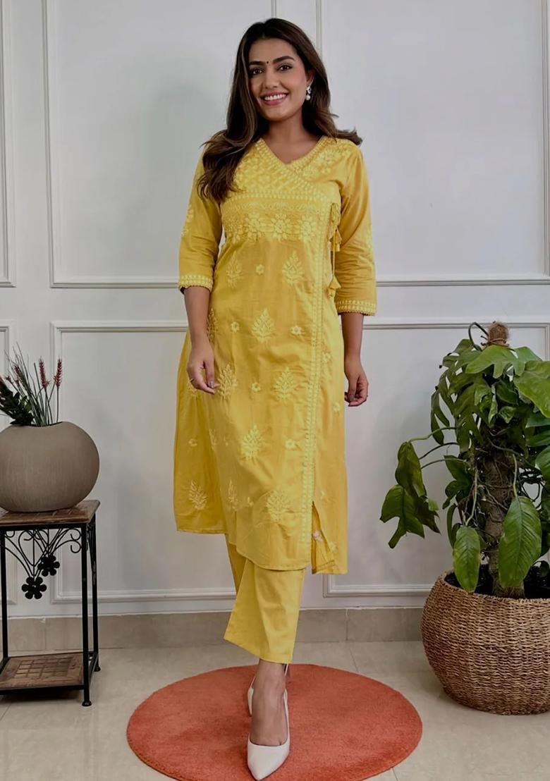 Yellow Embroidered Cotton Kurta Set - Indya