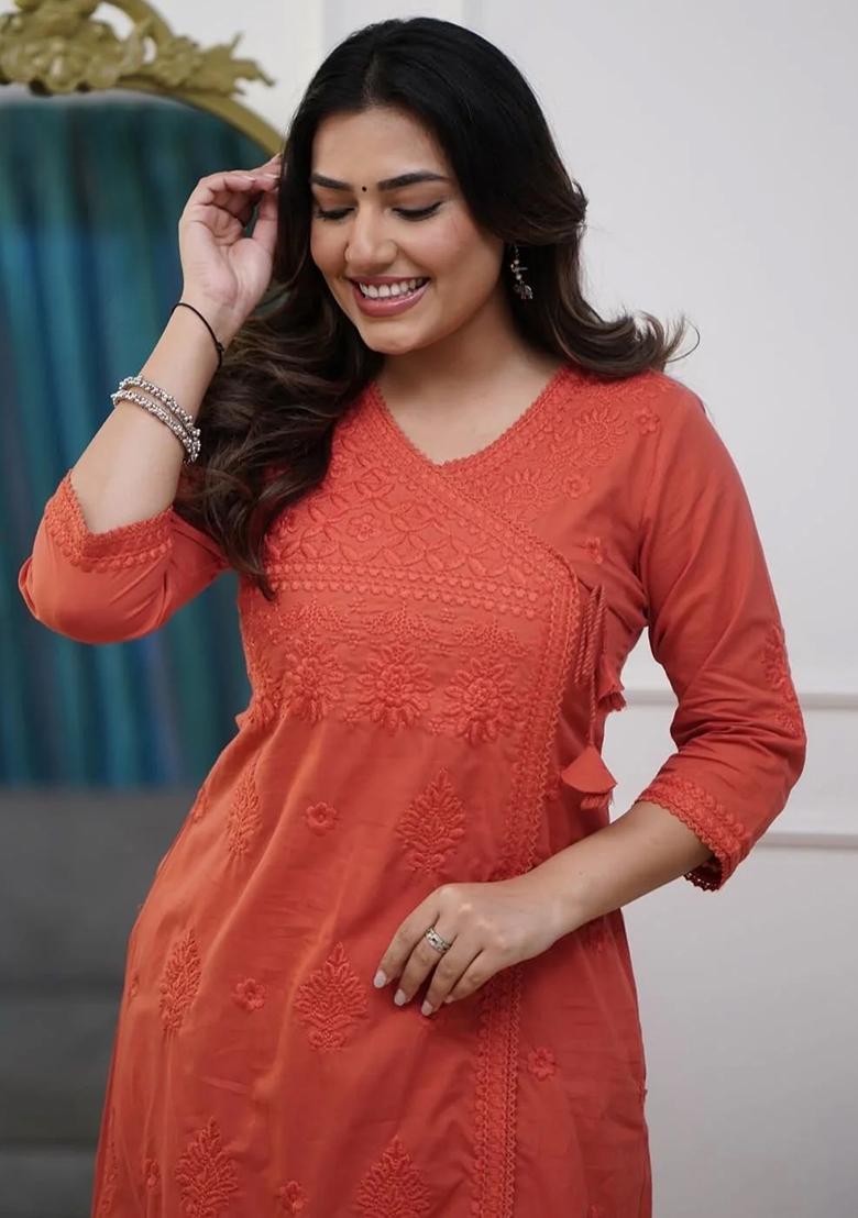 Scarlet Red Embroidered Cotton Kurta Set - Indya