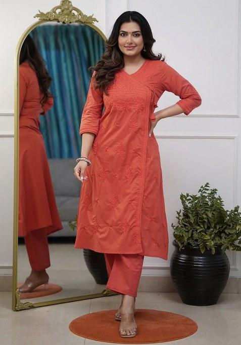 Scarlet Red Embroidered Cotton Kurta Set