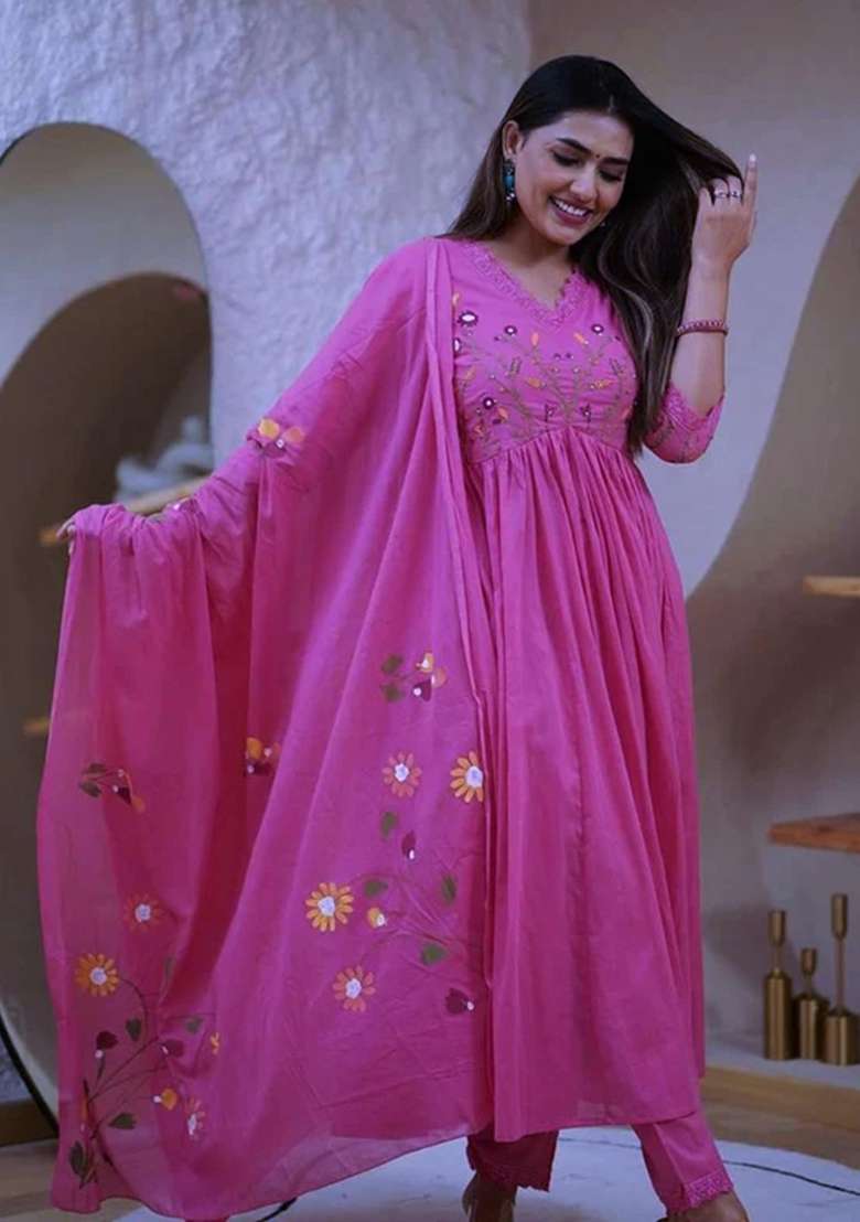 Pink Embroidered Cotton Kurta Set - Indya