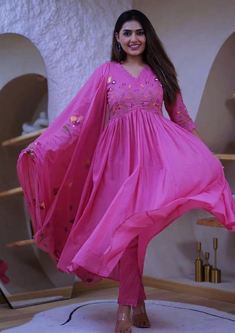 Pink Embroidered Cotton Kurta Set - Indya