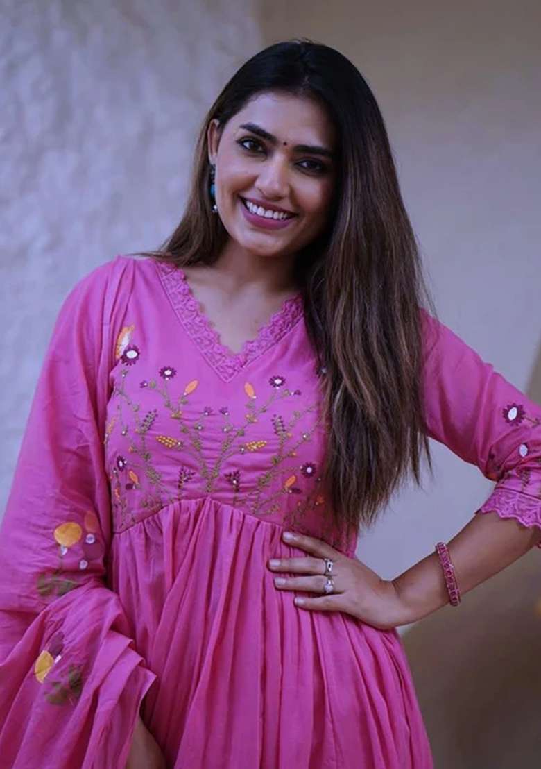 Pink Embroidered Cotton Kurta Set - Indya