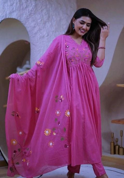 Pink Embroidered Cotton Kurta Set