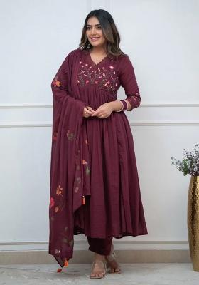 Brown Embroidered Cotton Kurta Set