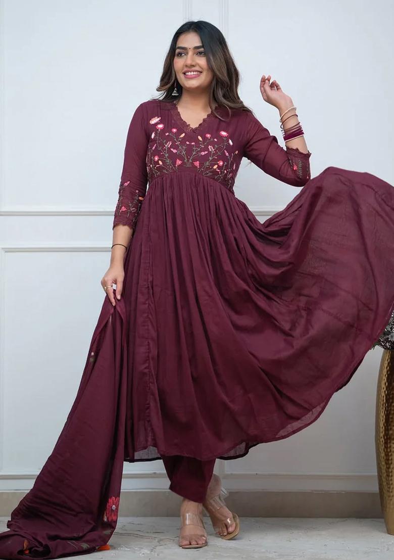 Brown Embroidered Cotton Kurta Set - Indya