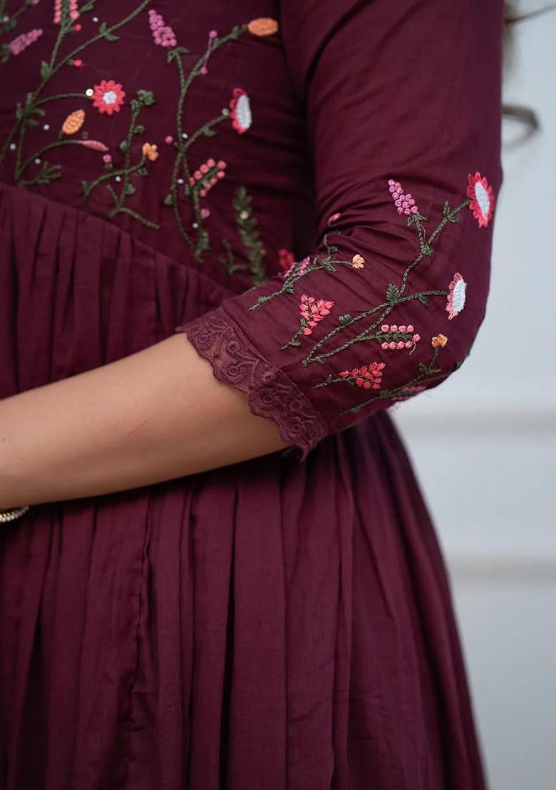 Brown Embroidered Cotton Kurta Set - Indya