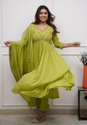 Green Embroidered Cotton Kurta Set