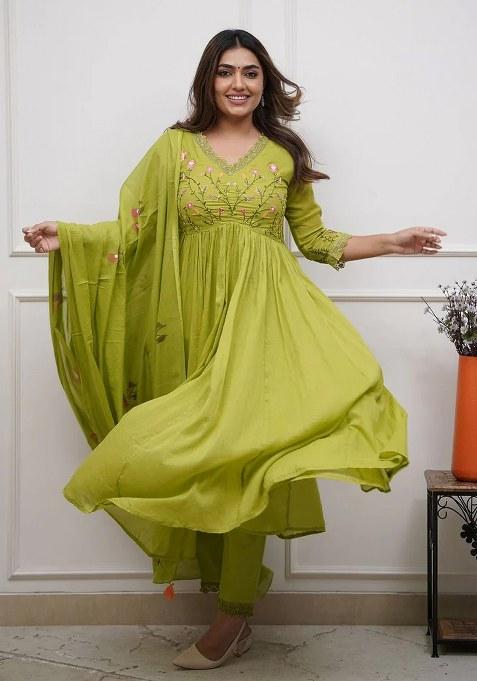 Green Embroidered Cotton Kurta Set