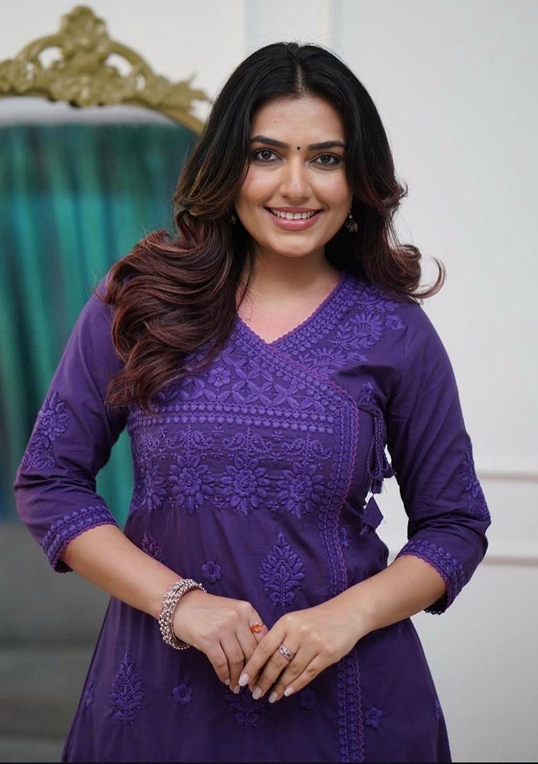 Purple Embroidered Cotton Kurta Set - Indya