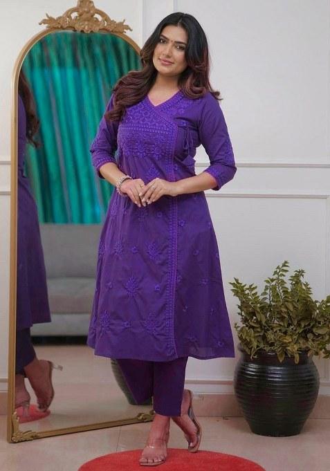 Purple Embroidered Cotton Kurta Set