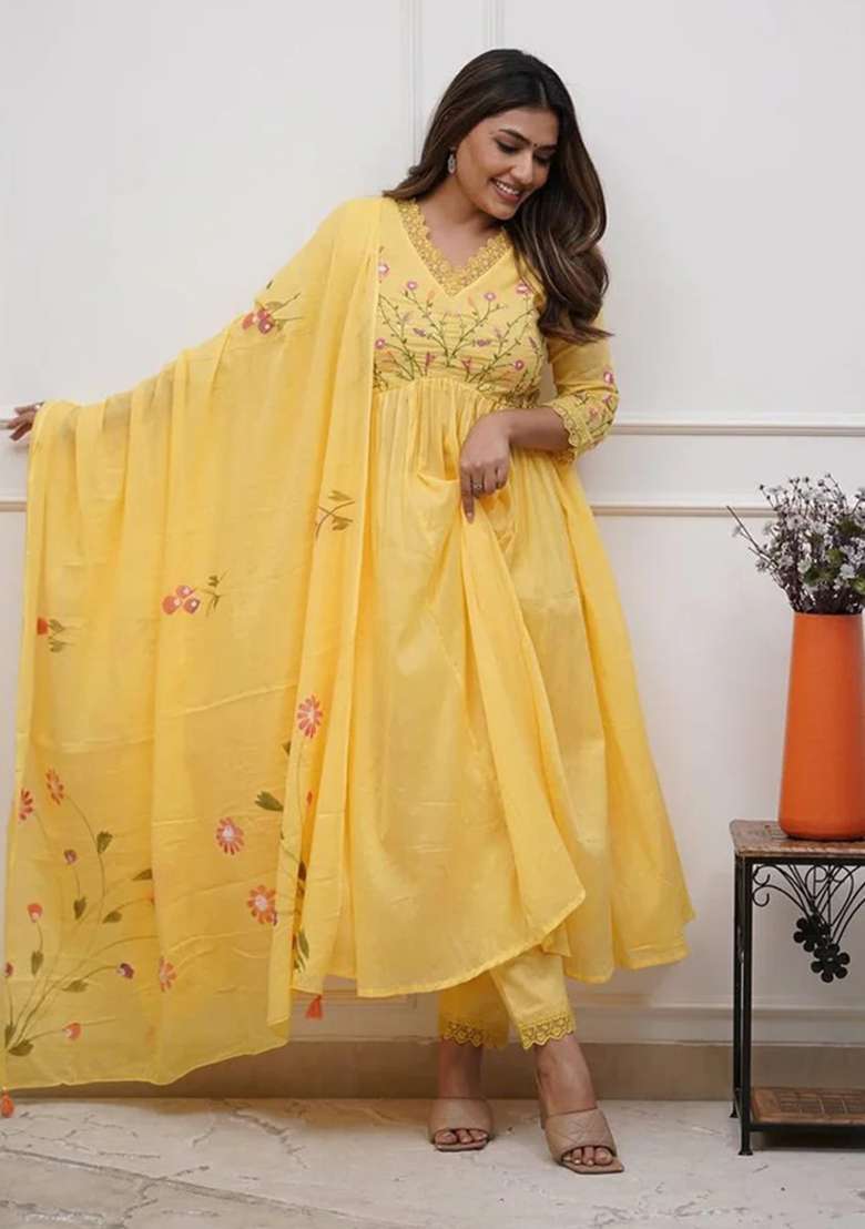 Yellow Embroidered Cotton Kurta Set - Indya