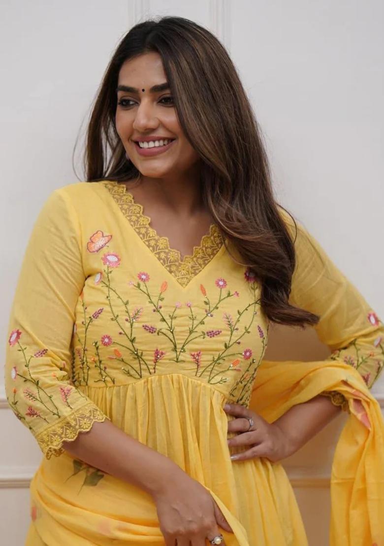 Yellow Embroidered Cotton Kurta Set - Indya