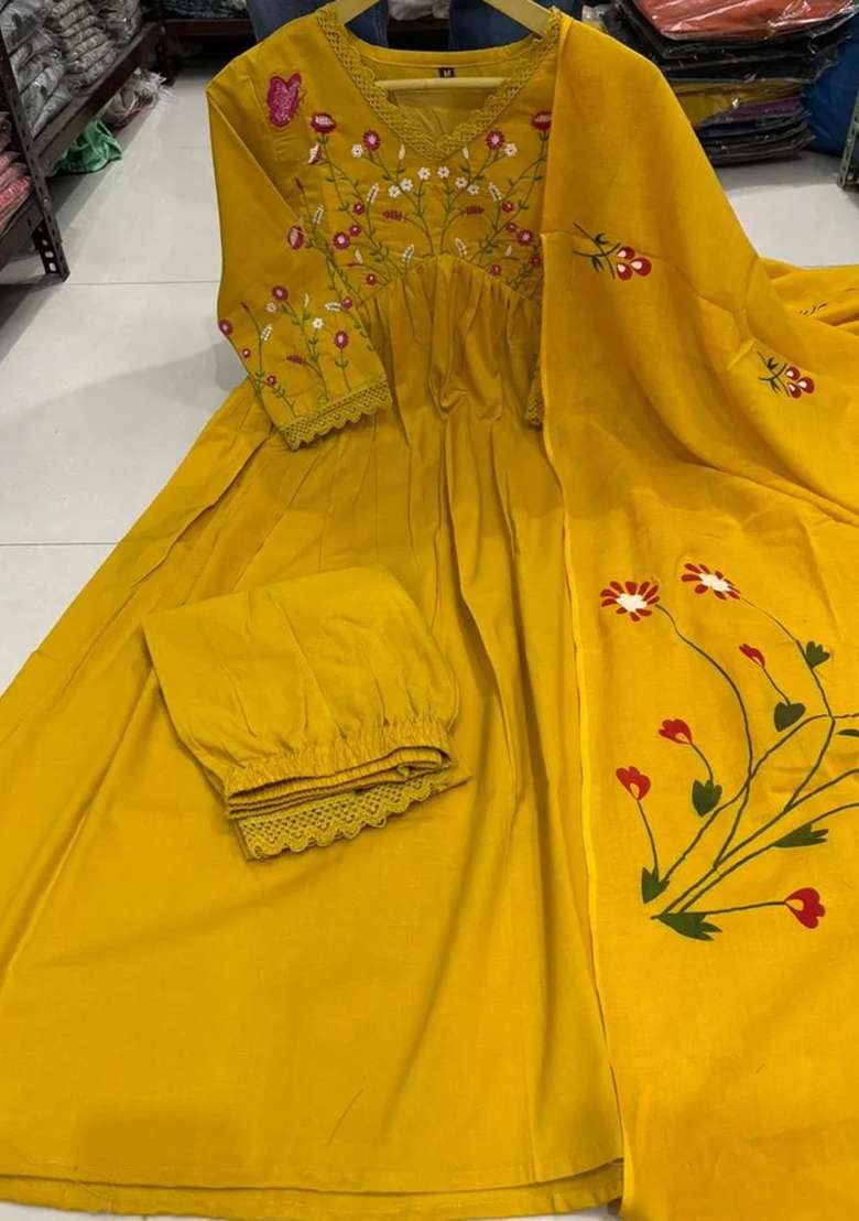Yellow Embroidered Cotton Kurta Set - Indya