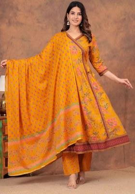Mustard Embroidered Cotton Kurta Set