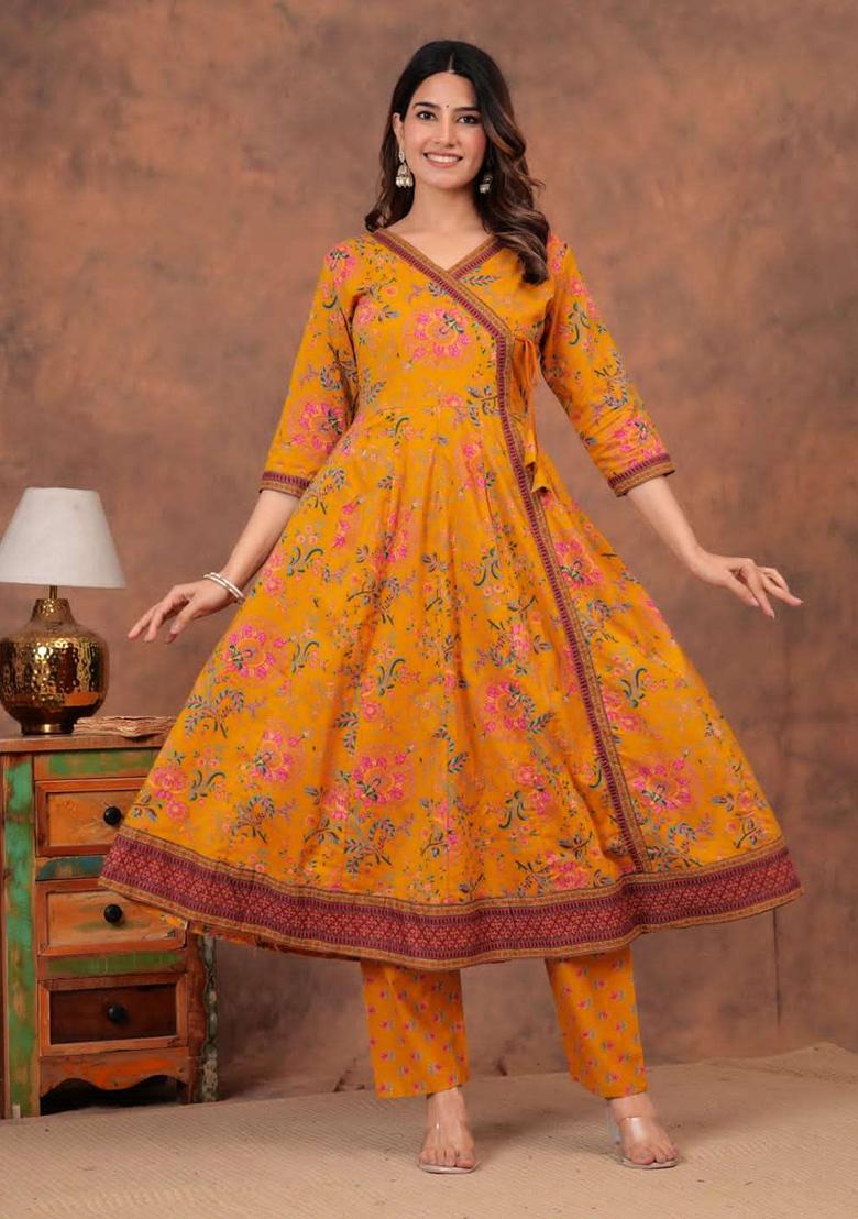 Mustard Embroidered Cotton Kurta Set - Indya